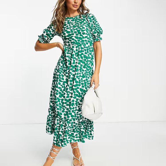 River Island Animal Print Midi Dress with Tie Back Detail 10 Green Preppy Resort